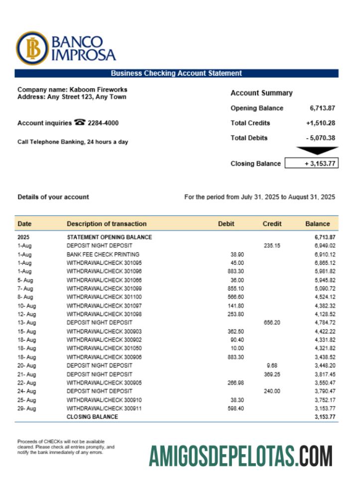Baixável Costa Rica Banco Improsa Bank Firm modelo de extrato de conta Word e PDF